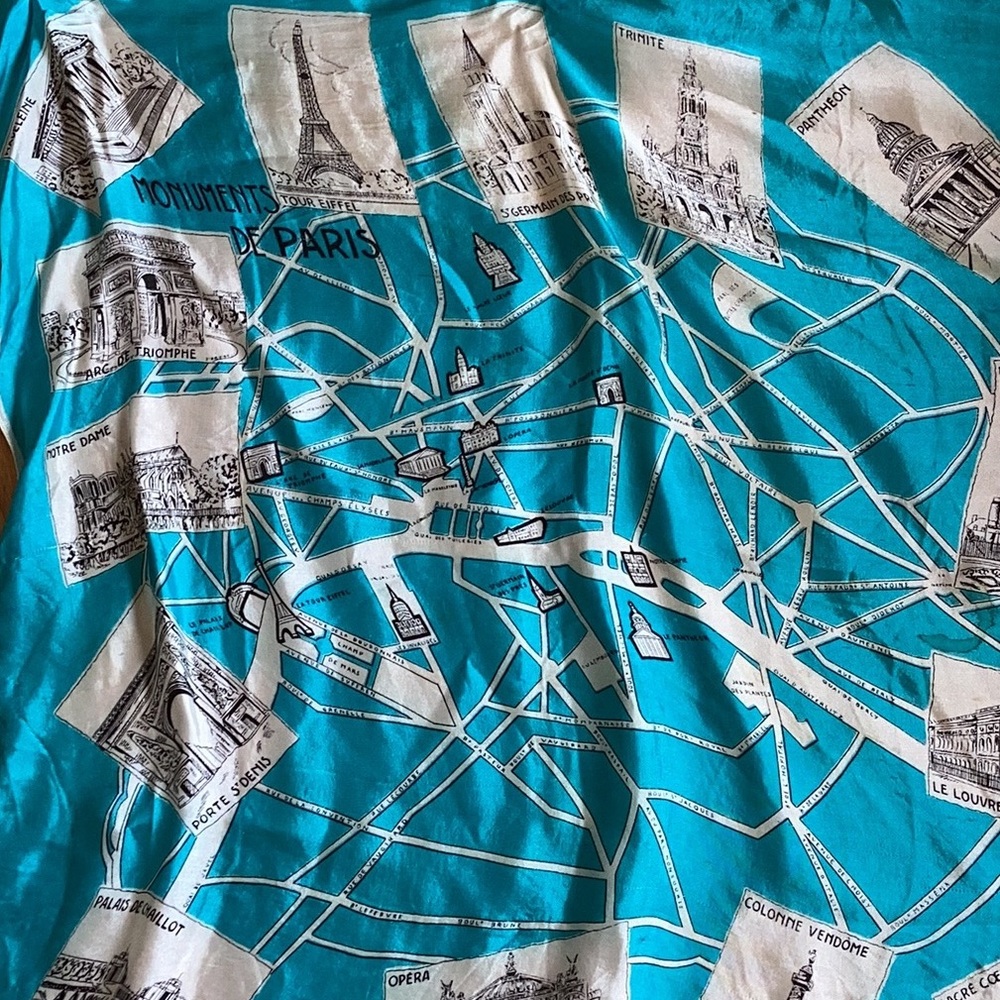PARIS SILK SCARF Beautiful TURQUOISE & CREAM VINTAGE FIND VNPLVC - Picture 3 of 14